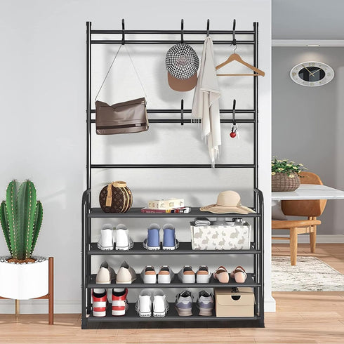 8 Closet 4 Shoe Rack Shoe Storage Shelf Freestanding with Hooks for Entryway Bedroom Tier, Black