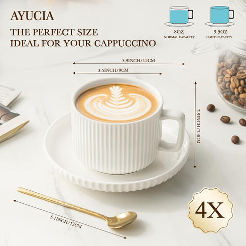 8 Set 4, Ounce Cappuccino Cups of Latte Mugs with Saucers and Spoons, White Cream Ceramic Coffee Mugs Tea Cups