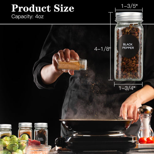 12/24/36/48pcs Glass Spice Jars, 4oz Empty Spice Jars with Metal Caps, Labels, Shaker Lids, Collapsible Funnel, Chalk Pen, Seasoning Organizer for Spice Rack(12pcs 4oz Set)