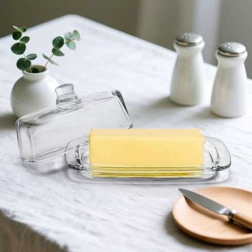 Set 2 2-Piece Hedume of Glass Butter Dish with Handled Lid, Classic Clear Design Butter Keeper, Food Safe