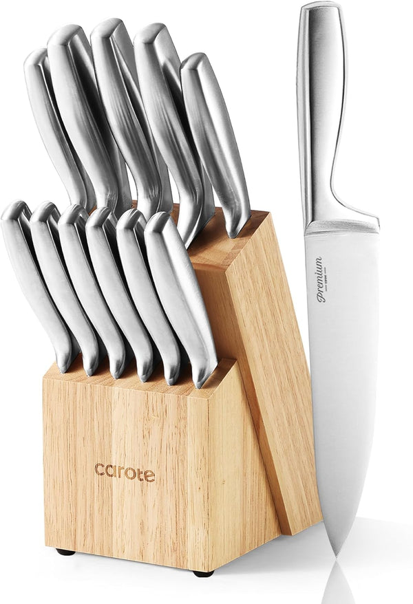 CAROTE 12-Piece Knife Set, All-Stainless Steel Knife Block Set, Kitchen Knives with