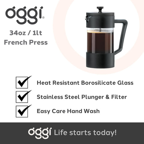 Oggi Borosilicate Glass French Press Coffee Maker, 34oz - 8 Cup Capacity, Stainless Steel Lid & Plunger