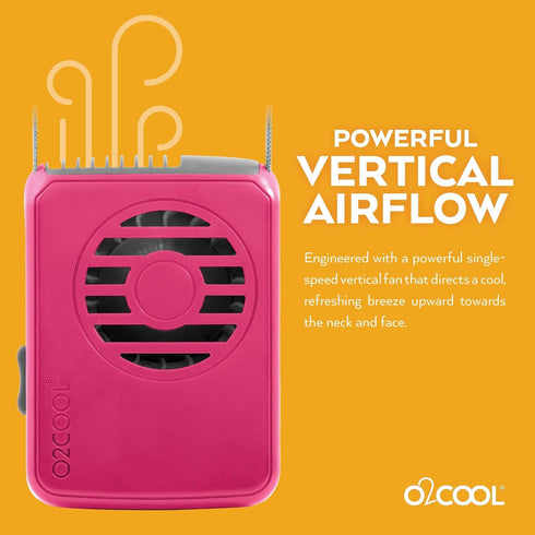 O2COOL Battery Powered Deluxe Necklace Fan for Personal Cooling, Adjustable Lanyard (Pink)