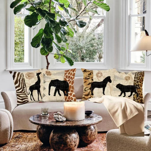 VENUSL Set of 4 Decorative Throw Pillow Covers, African Animals Giraffe, Elephant, Horse, Leopard, 18x18 Inch