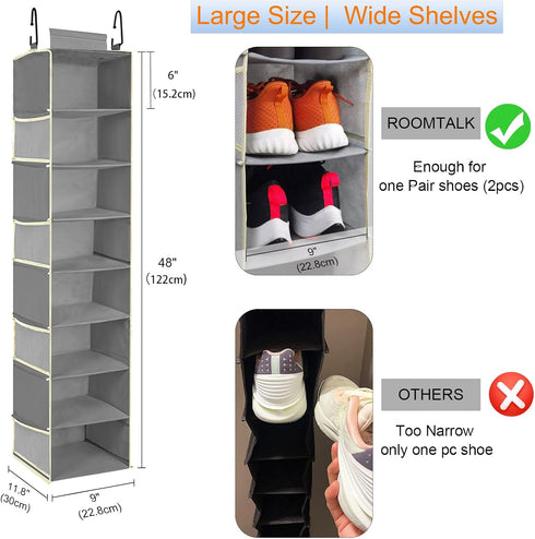 8-Shelf, Closet 8 9" 11.8" 48" Large-Sized Hanging Shoe Organizer Hanging Organizer with Side Pockets, Wider Hanging