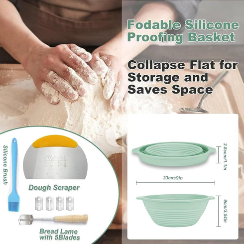 2 Pack Set 9 Inch Silicone Sourdough Bread Proofing Baskets - Including steel rings, Sourdough Starter Kit, Round