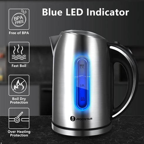 Aigostar Electric Kettle - 1.7L BPA Free Hot Water Kettle with LED Illumination, Auto-Shutoff & Boil-Dry Protection for