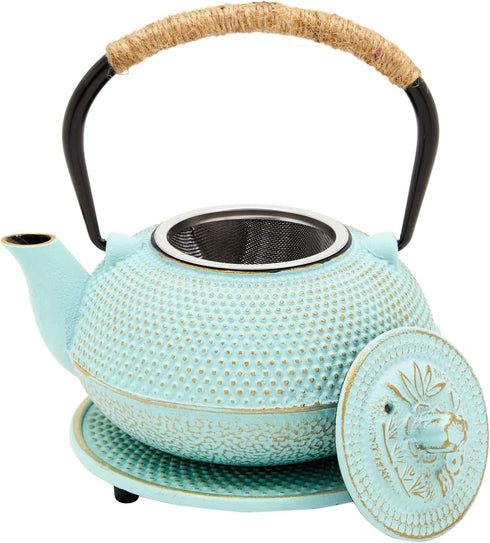 18 oz/500 ml, 3-Piece Set Set Juvale Cast Iron Tea Kettle with Infuser - Green, - Teapot for Brewing Loose Leaf Tea