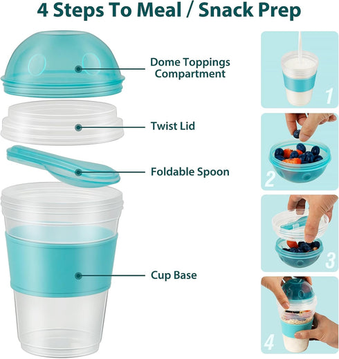 2 Pack 20 oz Freshmage Yogurt Parfait Cups with Lids, Reusable Overnight Oats Containers with Lids, Topping Compartment
