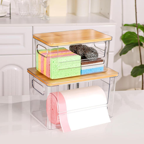 2 Pack, Trash Bag Holder Dispenser Garbage Bag Dispenser with Bamboo Lid & Handles, Stackable Clear Trash Bag Organizer