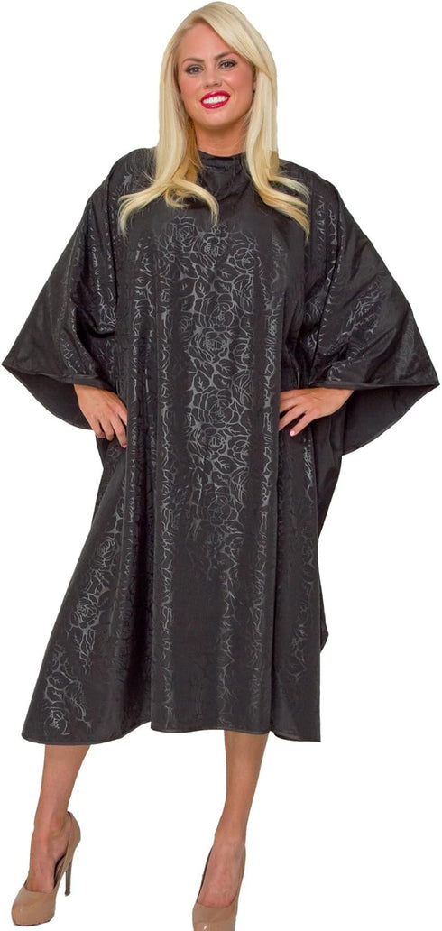 BLOOM CAPE Stylist Salon Cape, Water Resistant Silky Polyester Black on Black Etched Flower Print