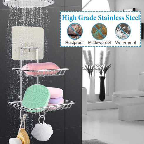2 Tier Soap Dish with Hooks - Stainless Steel Wall Mounted Soap Holder for Shower Bathroom Kitchen, No Drilling