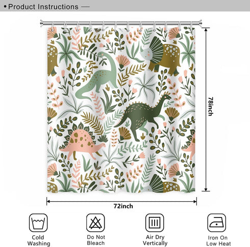 72x78 Inch Dinosaur Themed Bathroom Shower Curtain Green Dino Tropical Leaves with Hooks Waterproof Fabric Polyester