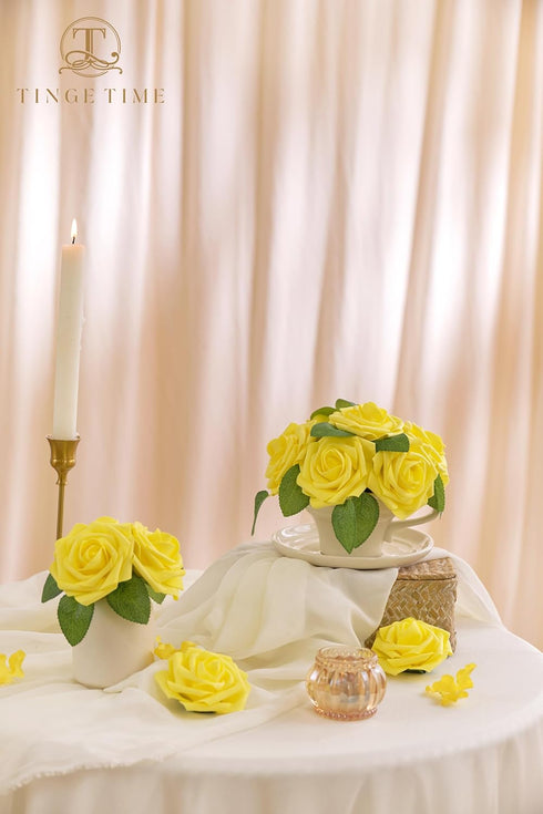 TINGE TIME Yellow Flowers Artificial Rose - 25pcs Realistic Fake Roses for DIY Wedding Bouquet, Baby Shower, Party