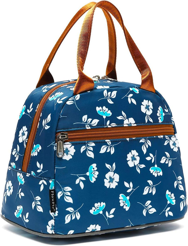 FlowFly Insulated Lunch Cooler Bag - Floral Tote Bag Organizer for Women/Men, White