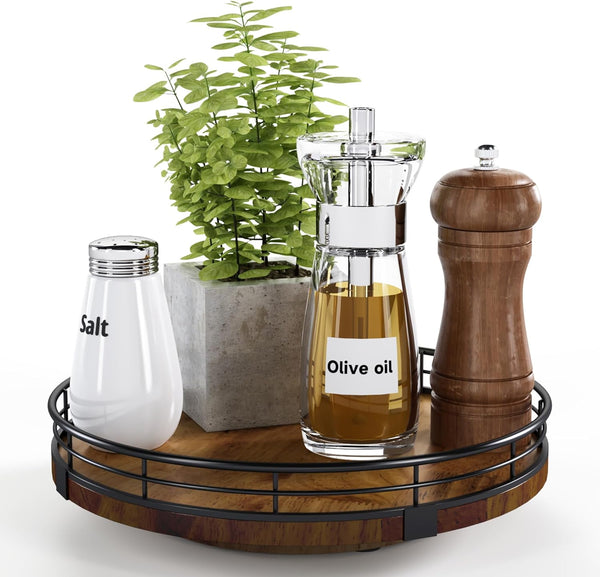 Farmhouse Oak 9" Lazy Susan Turntable Organizer for Cabinet, Round Wooden Storage for Dining Table, Pantry, Kitchen