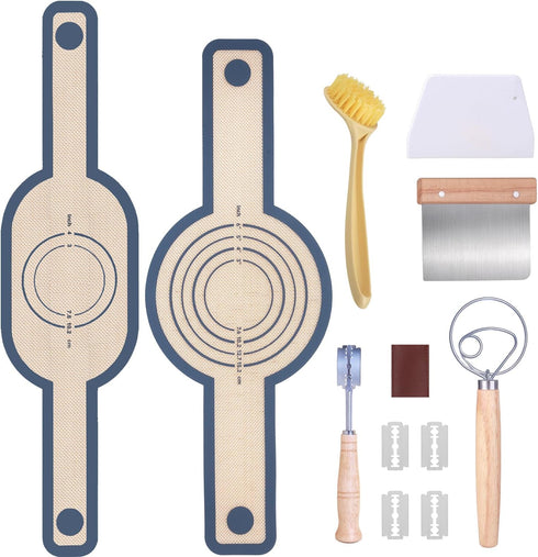 Bread Making Tools Set of 7, Includes Round Baking Mat, Oval Baking Mat, Sourdough Whisk, Bread Lame, Perfect Gift for