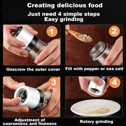 Premium Salt and Pepper Grinder Set of 4, Refillable Manual Salt and Pepper Mill, Adjustable Ceramic, Glass Shaker