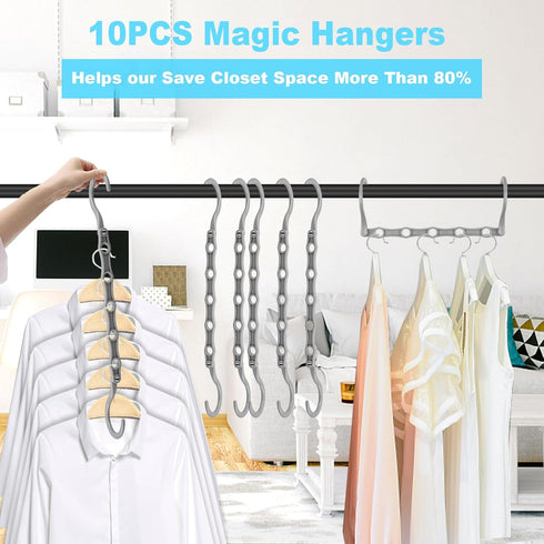 Space Saving Hangers, 10PCS Magic Hangers, 5 Holes Sturdy Plastic Hanger Clothes Organizer, Closet Organizers and Storage, Space Saver Hangers Organization, College Dorm Room Essentials (Gray) by DUCOO