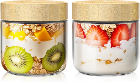 2 pack 10oz Overnight Oats Containers with Bamboo Lids, Glass Jars with