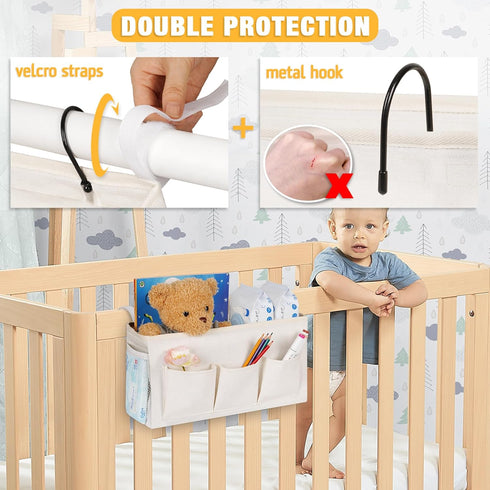 Bedside Caddy Organizer with Fixed Straps and Water Bottle Holder, 2pcs White for Home, College Dorm, Bunk Bed