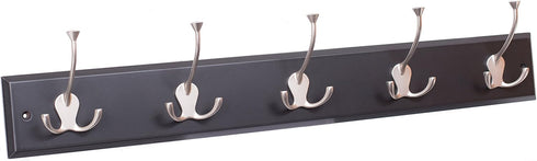 BirdRock Home Tri Hook Coat Rack, 5 Hooks, Wall Mount Hat Rack, Black Finish with Satin Nickel Hooks