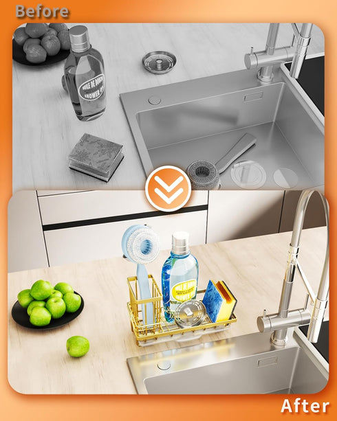 SWTYMIKI Sink Caddy Kitchen Sink Organizer with Detachable Brush Holder, Stainless Steel Sink Sponge Holder with Removable Drip Tray Sponge Caddy for Kitchen Sink Countertop, Gold by SWTYMIKI