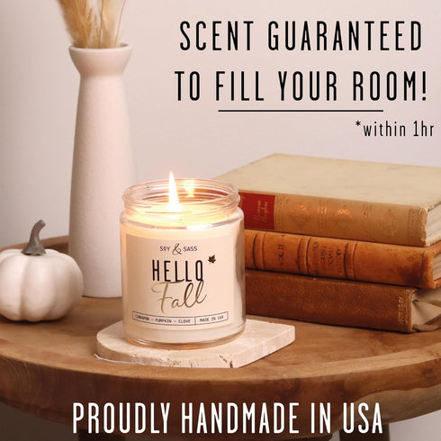 Fall Candles - 'Hello Fall' Candle with Cinnamon, Spice & Pumpkin, Essential Oils, 9oz Jar, 50Hr Burn