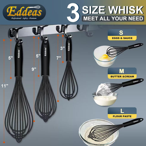 Silicone Whisks for Cooking, 3pcs Black Whisk Set (7+9+11in) - Non Scratch Kitchen Utensils to Protect Ceramics,
