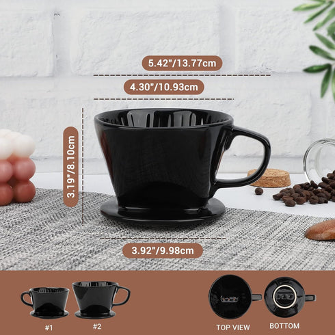 Segarty #2 Pour Over Coffee Maker, Single Cup Black Ceramic Coffee Dripper, 1 Set Size No.2 Reusable Filter Cone Drip Holder Slow Brewer with 3 Holes Flat Bottom for Travel, Camping, Office, Home by Segarty