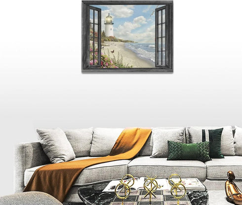Lighthouse Nautical Wall Art - Coastal Beach Canvas Prints for Home Decor 16"x12"