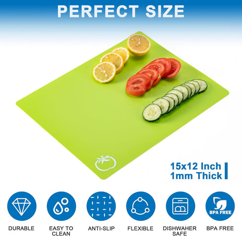 5 Pieces Flexible Plastic Cutting Board Mats with Food Icons, BPA Free Cutting Boards for Kitchen, Non Slip Cutting Mat for Meat and Vegetables (Red, Bright Yellow, Light Green, Purple, Lake Blue) by CADONO