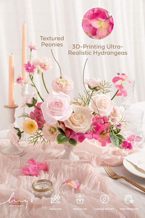 24pcs Ling's Moment Artificial Flowers Fake Silk Hydrangea Faux Peony Foam Roses Combo for DIY Wedding Bouquet