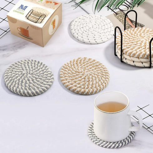 Set 8 Set Farmhouse Coasters of for Drinks, Absorbent Woven Coaster with Holder Cute Cloth Coasters for Home Decor
