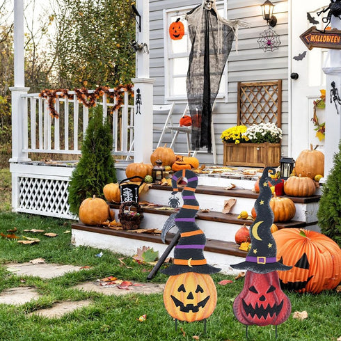 YEAHOME Halloween Decorations Outdoor - 2 Pack Metal Pumpkin Garden Stakes with Witch Hats