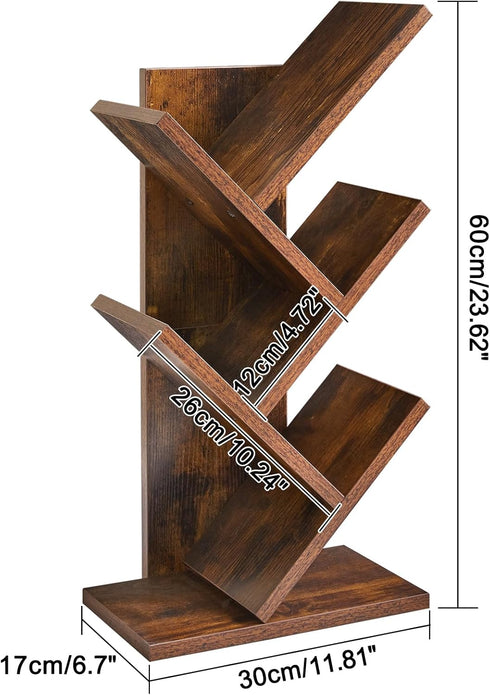 4-Tier HBC014H YMYNY Tree Bookshelf, Book Storage Organizer Shelves,Rustic Brown