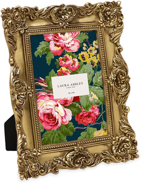 Laura Ashley 4x4 Gold Ornate Textured Hand-Crafted Resin Picture Frame with Easel & Hook for Wall & Tabletop Display,