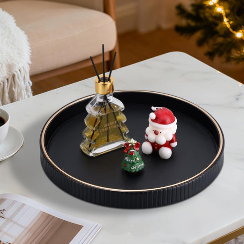 KINGFOM Round Decorative Tray for Coffee Table, PU Leather Valet Nightstand Desk Organizer for Men Women, Golden Trim