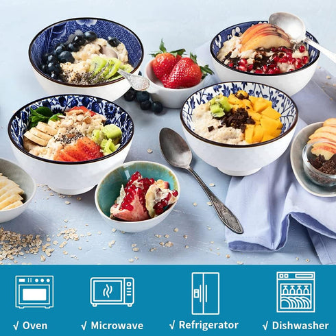 Japanese Style Ceramic Rice Bowls 10 oz, Assorted Dinnerware Serving Bowls for Cereal, Soup, Dessert, Snack, Pack of 6