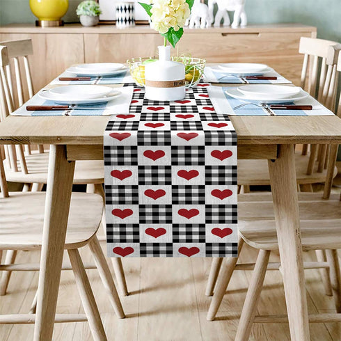 Buffalo Check Table Runners 90 Inches Long, Valentine's Day Love Heart Plaid Black White Table Runner for Family Dinner