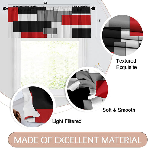 Emvency 2 Pack Valances Window Treatments, Red and Black Geometry Abstract Modern Art, 18x52