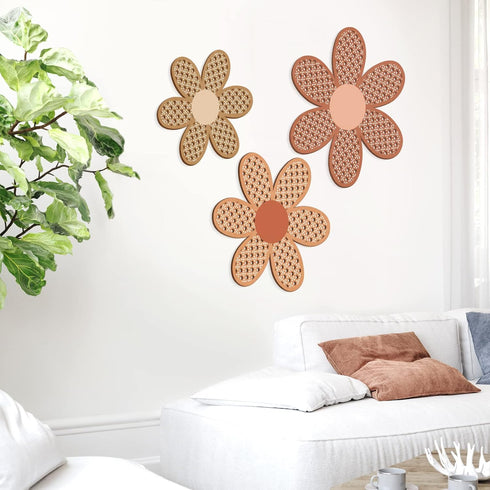Maitys 3 Pieces Boho Daisy Wall Decor Natural Rattan Flower Wall Hanging Art Wooden Boho Art Nursery Flowers Farmhouse