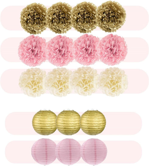 EpiqueOne 22-Piece Tissue Paper Pom Poms Party Set, Pink, Gold & Ivory for Birthdays, Showers & More