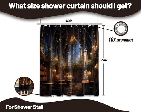 60" 72" Library Shower Curtain Bookshelf School Medieval Magic Book Bathroom Decor, Waterproof Fabric with Hooks W X L