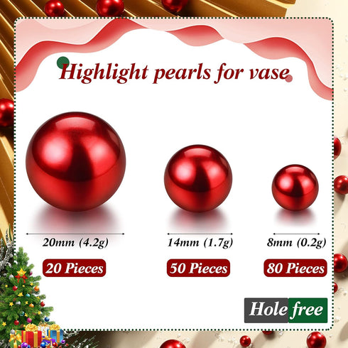 150 Pieces Faux Pearls Vase Filler, Gloss Beads Mixed Sizes Round Pearl for Home Party Wedding Decor, 8/14/20 mm (Red)