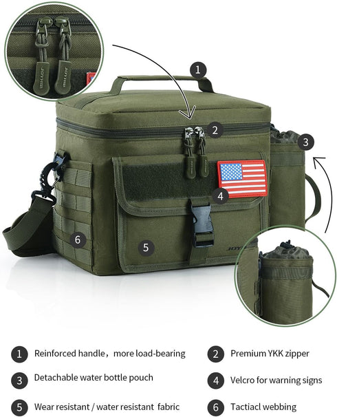 JOYHILL Tactical Lunch Box for Men, Insulated Lunch Bag with Detachable Bottle Pouch, Black, 13 L/18 Can