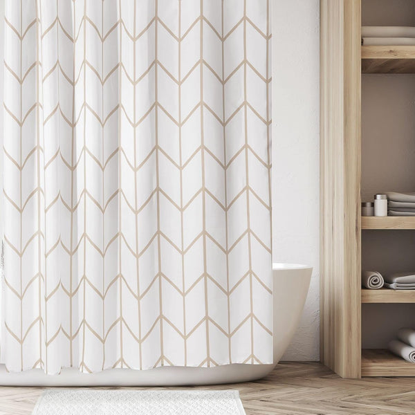 mDesign Fabric Shower Curtain - Geometric Herringbone Chevron Print, 72" x 72", Beige/White, Machine Washable & Water