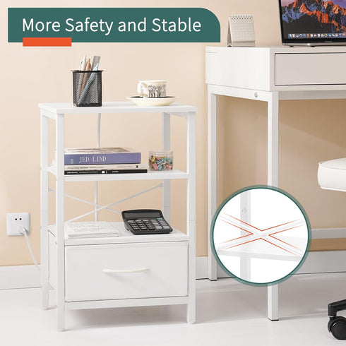 3-Tier Yoobure White Night Stand with Charging Station, LED Nightstand for Bedroom, Bedside Tables with Adjustable