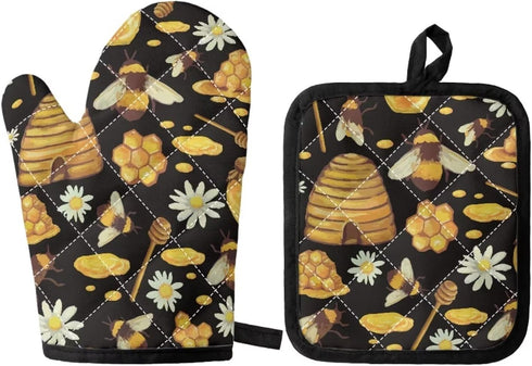 GIFTPUZZ Bee Oven Mitt Pot Holder Set of 2, Heat Resistant Heavy Duty Gloves + Thick Hot Mats for Kitchen