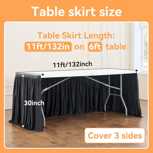 leegleri 132inch Black Polyester Table Skirt for 6ft/8ft Rectangle Tables, Wrinkle Resistant Pleated Ruffle Cloth